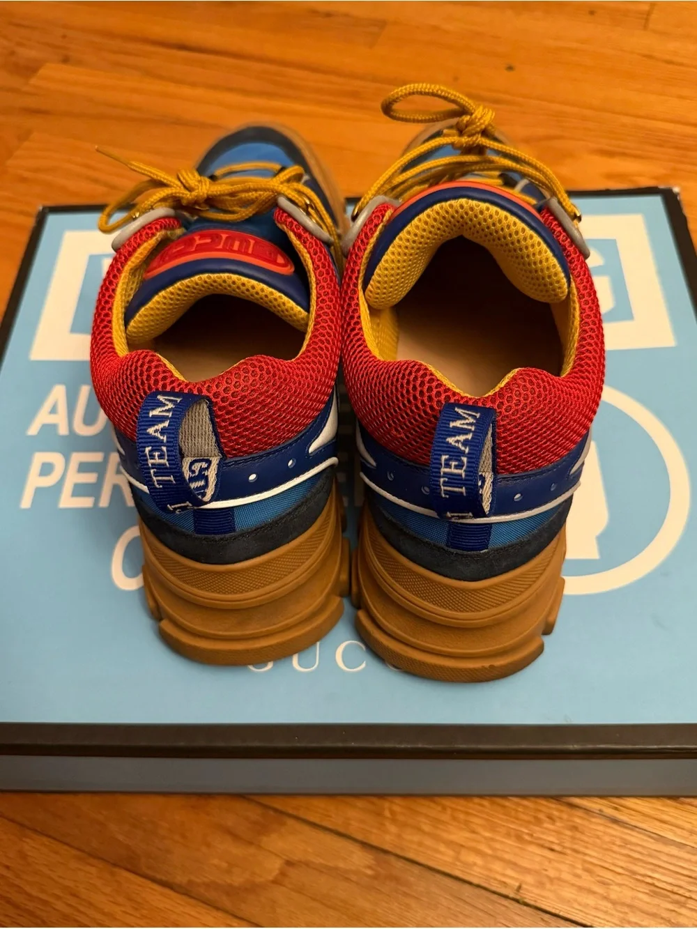 Gucci Blue, Red & Tan Chunky Trail Sneakers